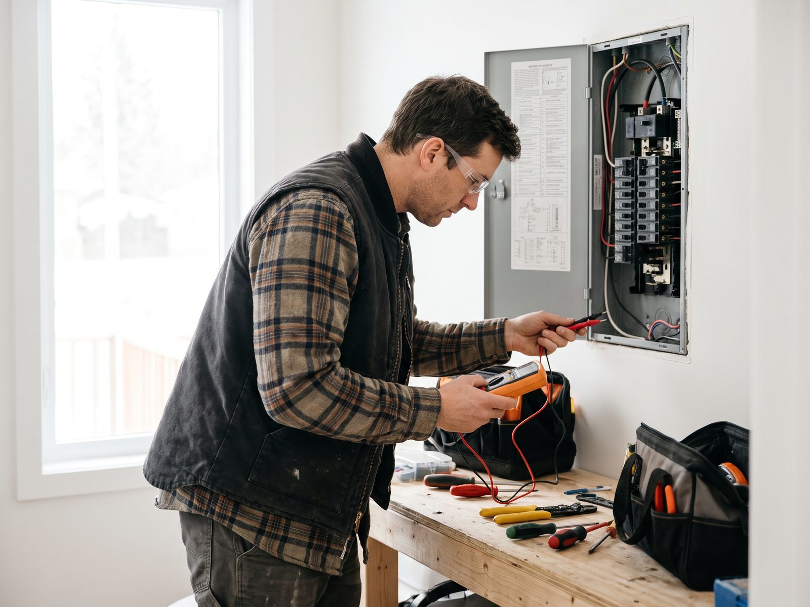 Electrical panel, wiring and hand tools in a work area